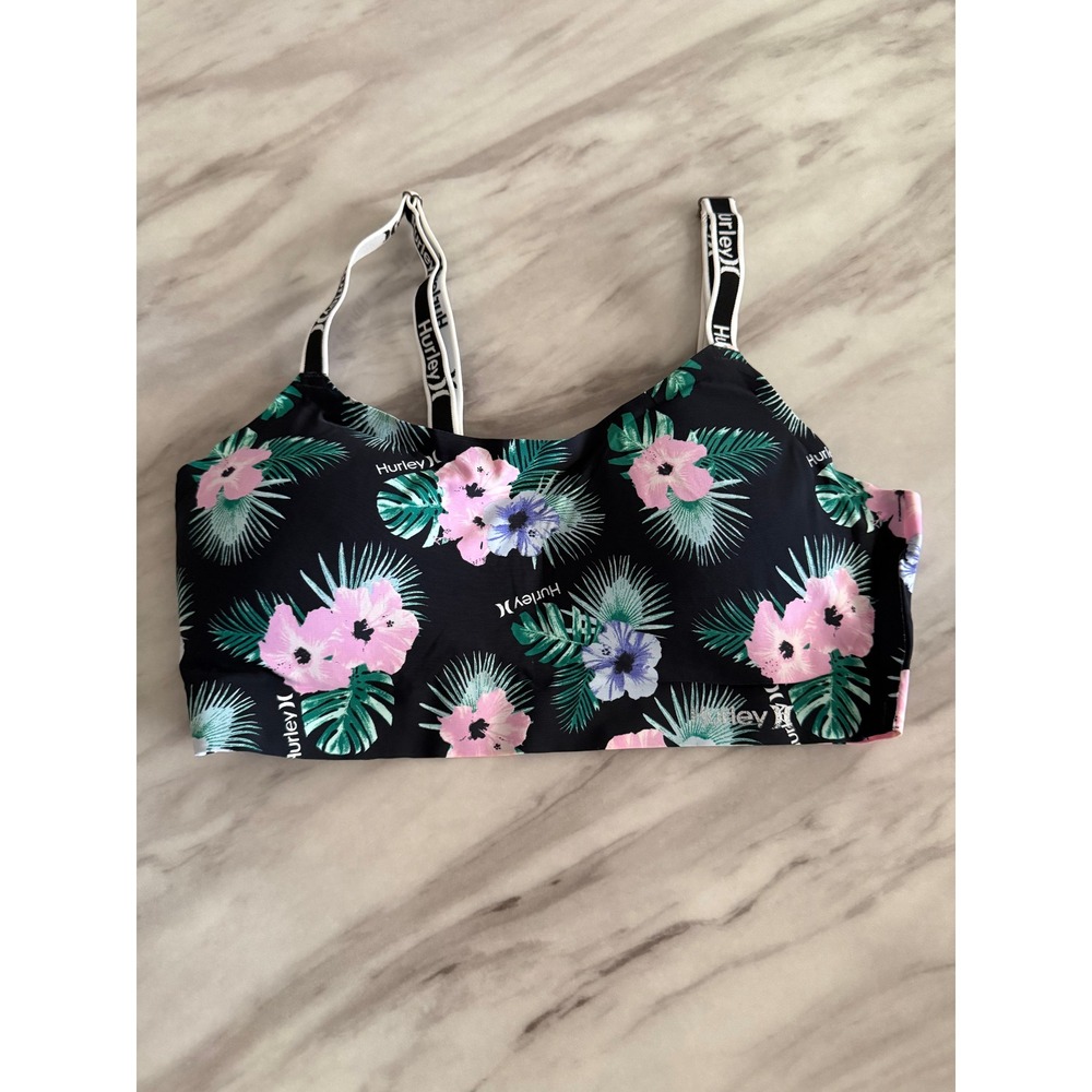 Hurley Womens Tropical Floral Bikini Top Black Pink Palm Size M